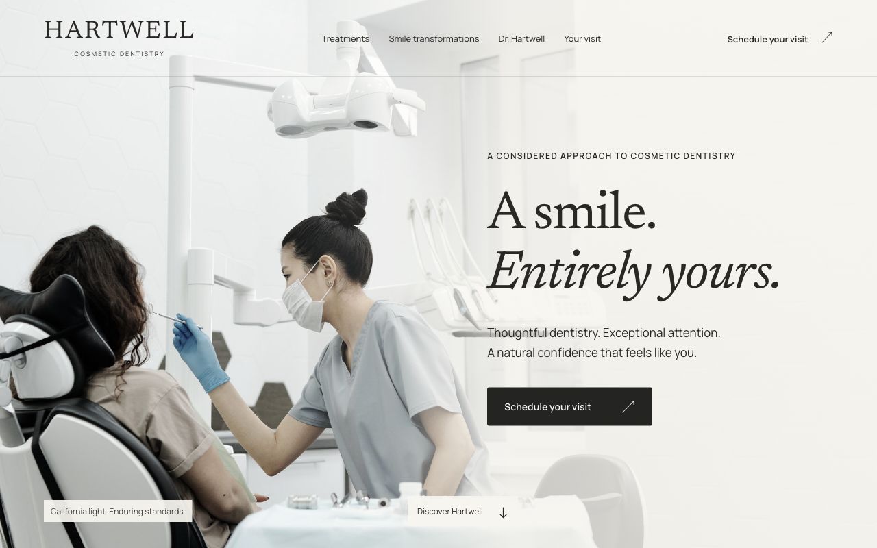 Screenshot of the Hartwell Cosmetic Dentistry homepage hero, including navigation, headline, scheduling button and consultation imagery